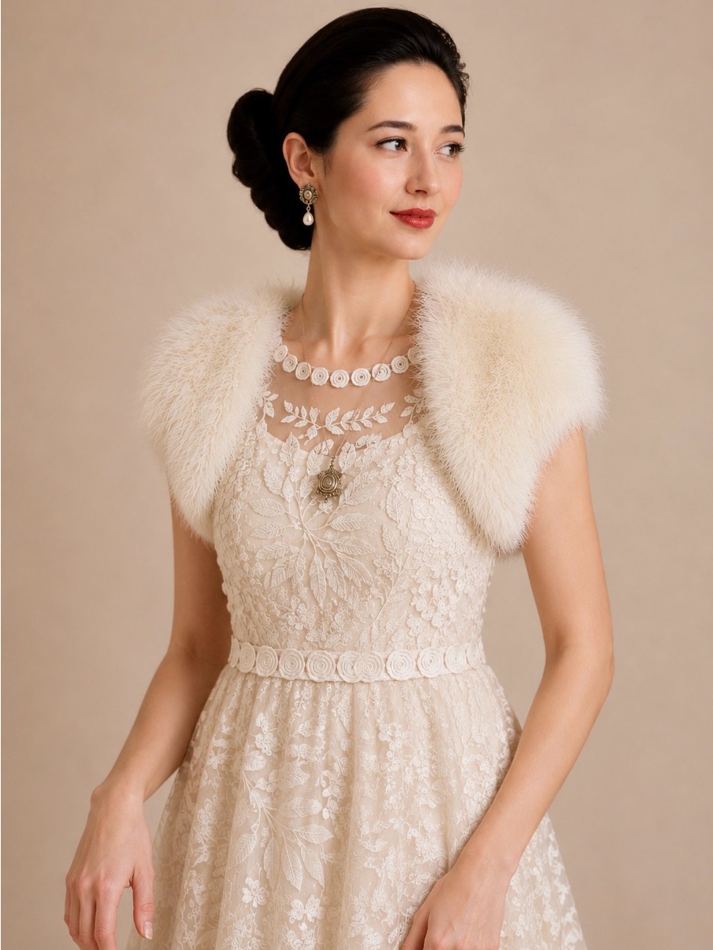 BHLDN Harrison Morgan Ivory maribou Bridal Shrug with Satin Lining